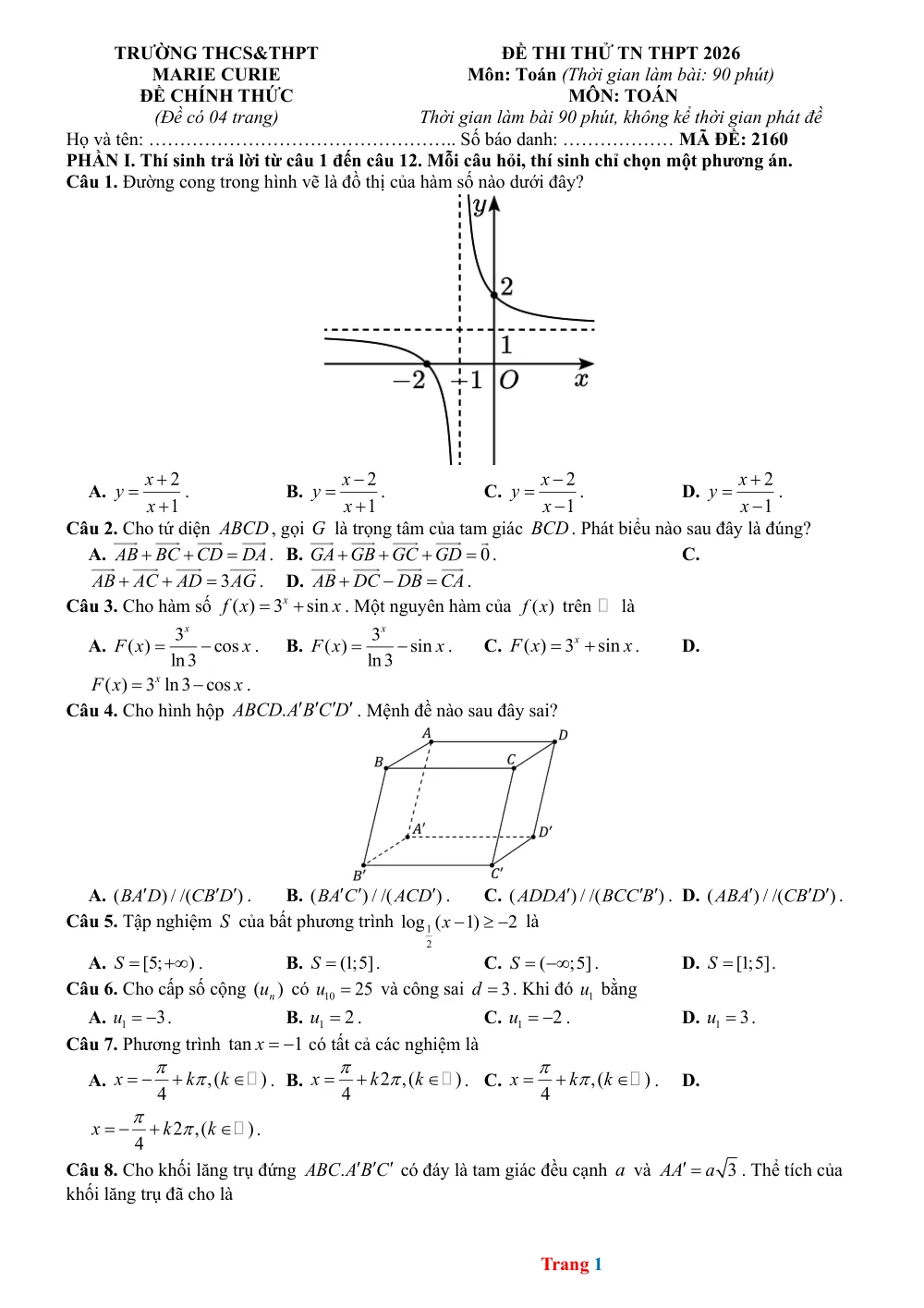 Xem trước trang 1 của "Đề Thi Thử TN THPT 2026 - Môn Toán - Trường THCS&THPT Marie Curie"