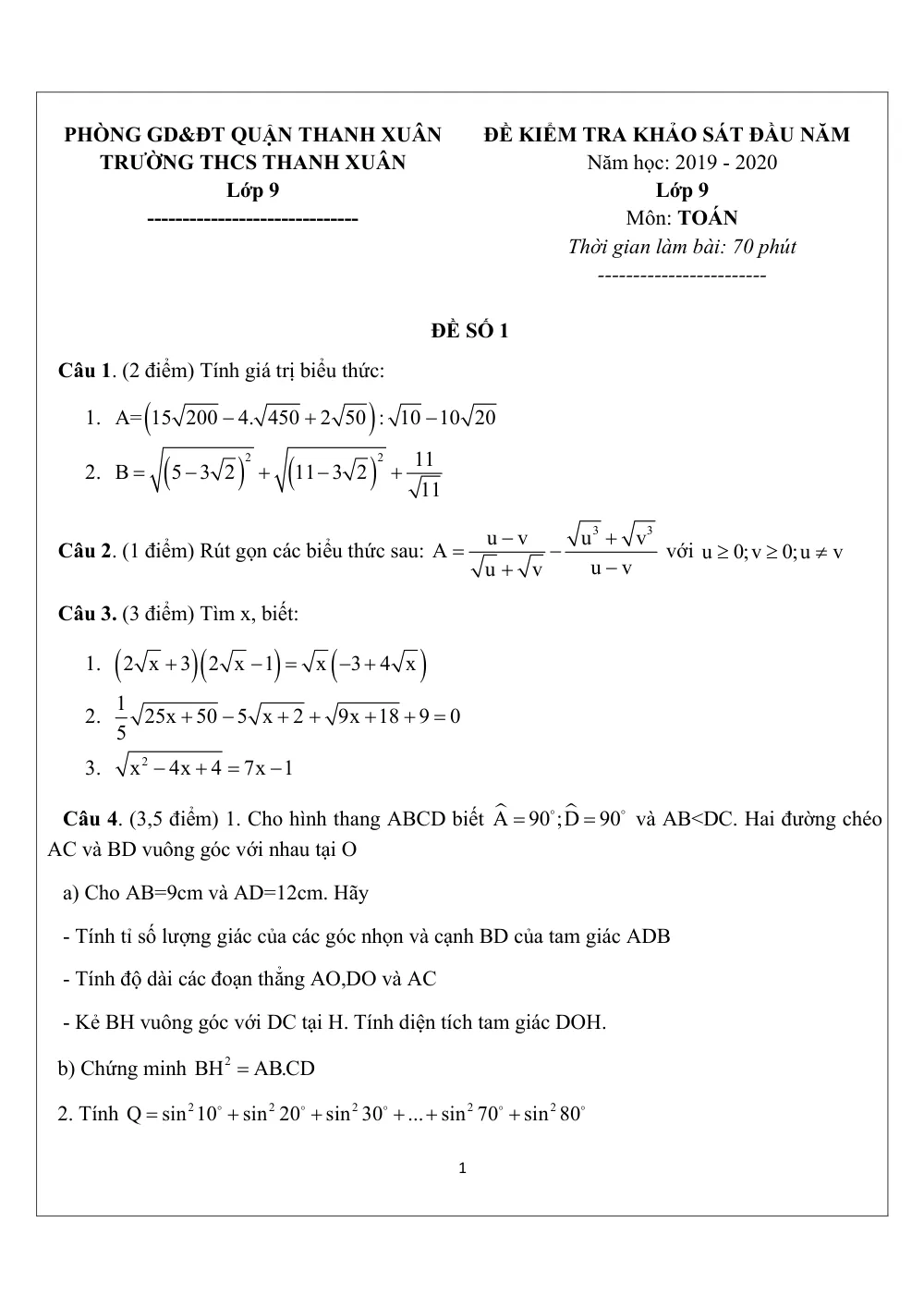 Xem trước trang 1 của "Đề Khảo Sát Đầu Năm Toán 9 - Trường THCS Thanh Xuân - Năm học 2019-2020 - Hà Nội"