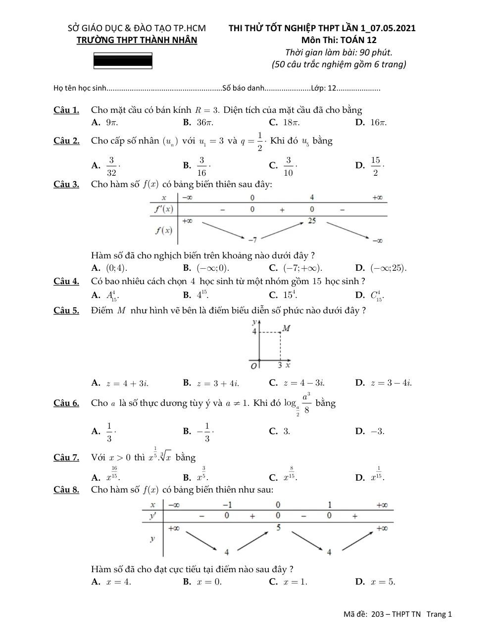 Xem trước trang 1 của "Đề Thi Thử Tốt Nghiệp THPT 2021 Lần 1 - Trường THPT Thành Nhân - TP. Hồ Chí Minh"