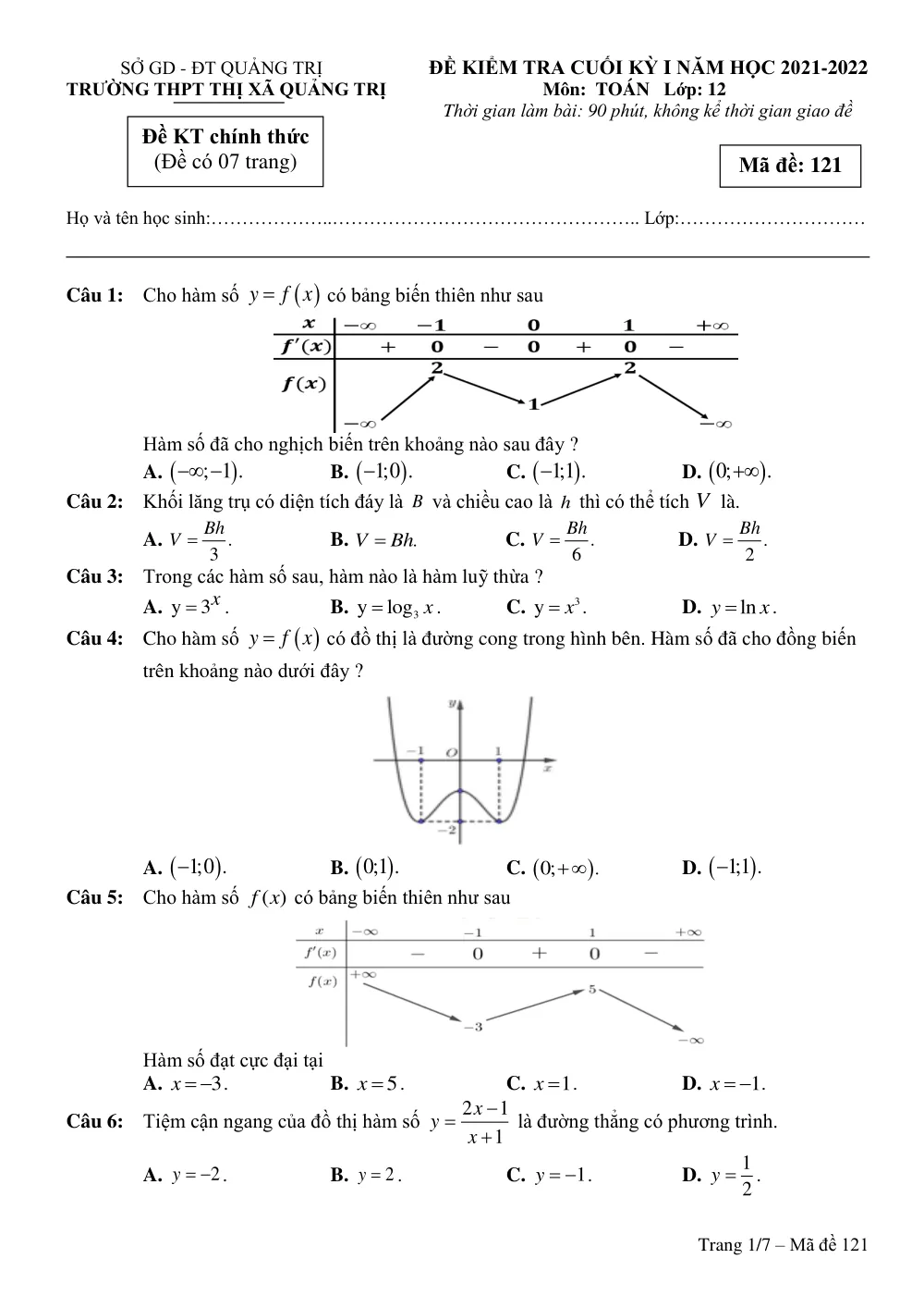 Xem trước trang 1 của "Đề kiểm tra cuối học kỳ 1 Toán 12 năm học 2021-2022 - Trường THPT Thị xã Quảng Trị - Tỉnh Quảng Trị"