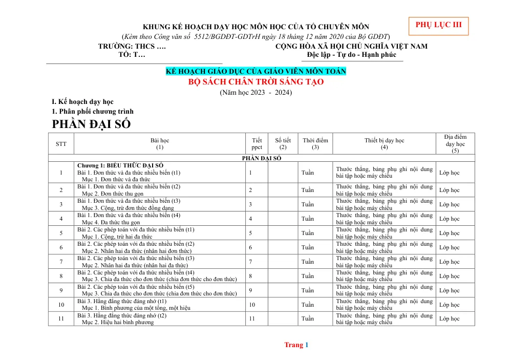 Xem trước trang 1 của "Kế hoạch Giáo dục Môn Toán 8 - Chân Trời Sáng Tạo (Năm học 2023-2024)"