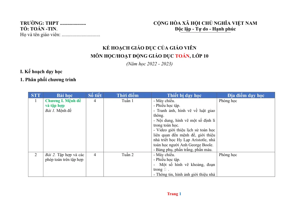 Xem trước trang 1 của "Kế hoạch giáo dục môn Toán lớp 10 - Năm học 2022-2023"