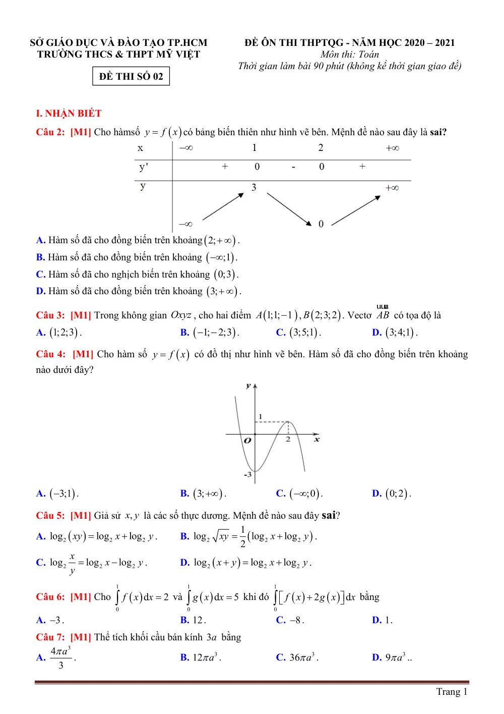 Xem trước trang 1 của "Đề Thi Thử THPTQG 2021 - Toán - Trường Mỹ Việt - Đề 2 - TP. Hồ Chí Minh"