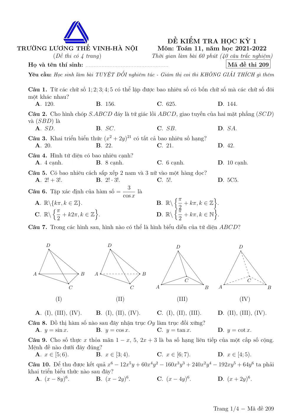 Xem trước trang 1 của "Đề Kiểm Tra Học Kỳ 1 Toán 11 - Trường Lương Thế Vinh - Hà Nội (Năm học 2021-2022)"
