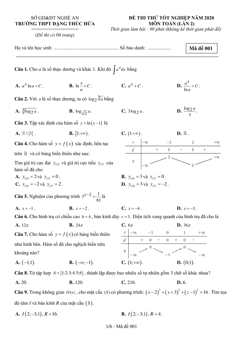 Xem trước trang 1 của "Đề Thi Thử Tốt Nghiệp THPT 2020 Lần 2 - Môn Toán - Trường THPT Đặng Thúc Hứa - Nghệ An"