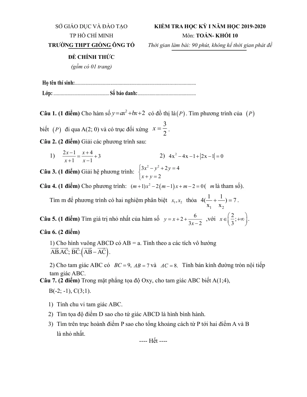 Xem trước trang 1 của "Đề thi học kỳ 1 Toán 10 - Năm học 2019-2020 - Trường THPT Giồng Ông Tố - TP. Hồ Chí Minh"