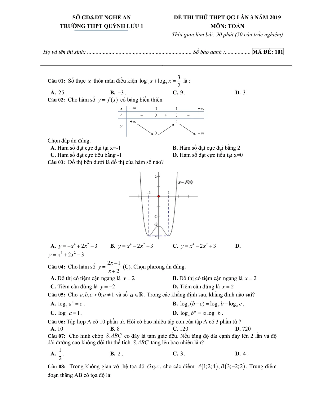 Xem trước trang 1 của "Đề Thi Thử THPT QG 2019 - Môn Toán Trường THPT Quỳnh Lưu 1 - Lần 3 - Nghệ An"