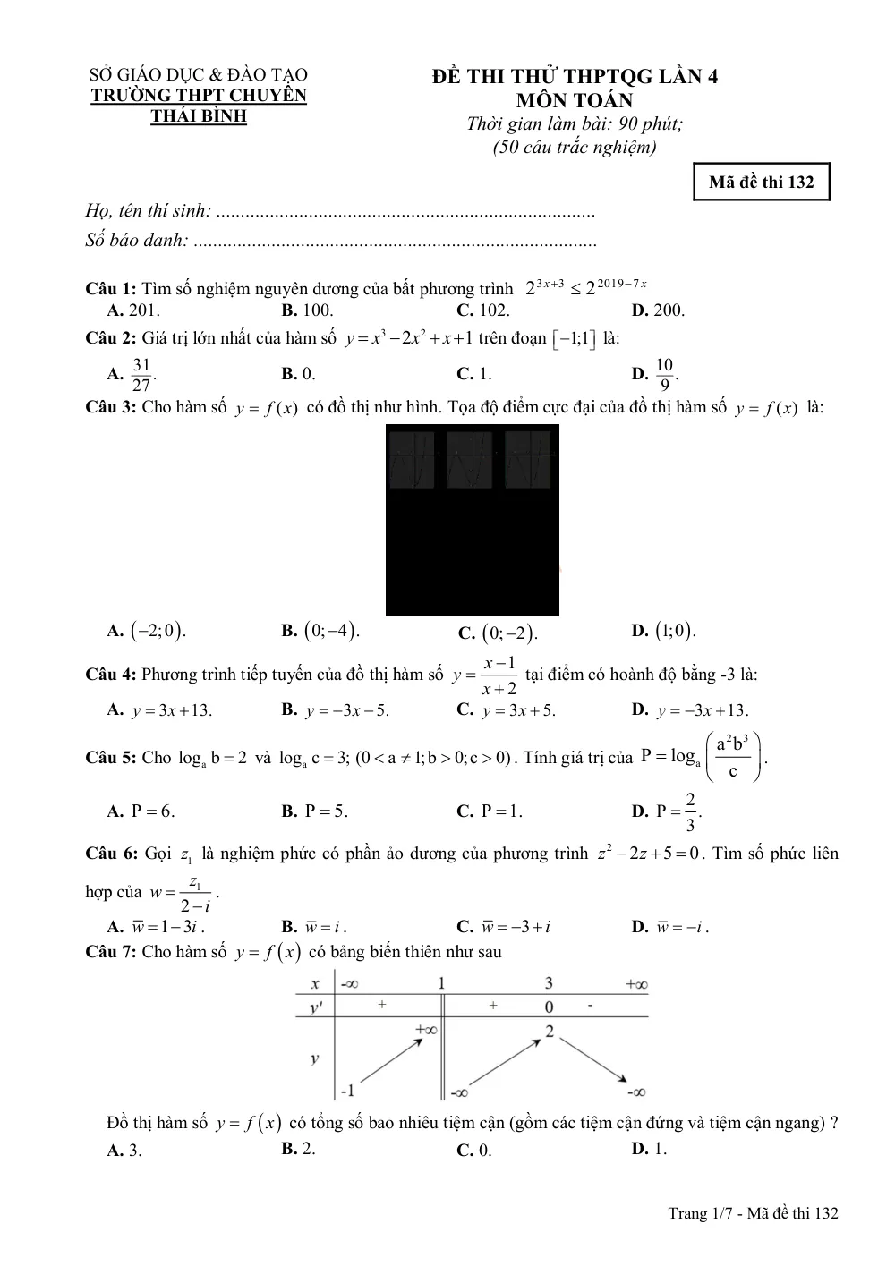 Xem trước trang 1 của "Đề Thi Thử THPTQG 2019 - Môn Toán Lần 4 - Trường THPT Chuyên Thái Bình"
