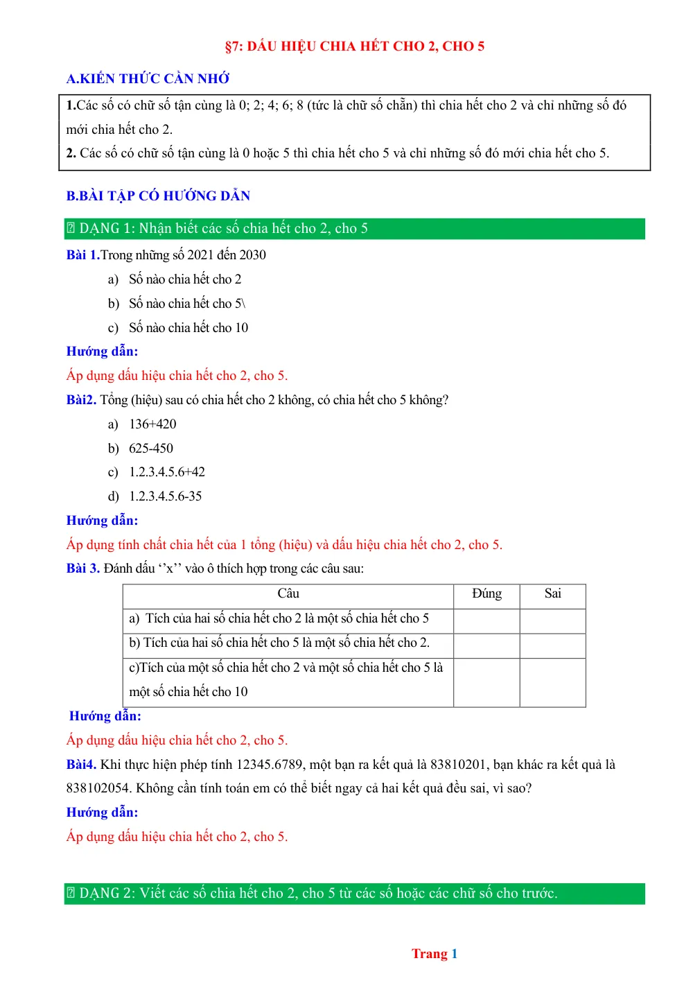 Xem trước trang 1 của "Bài tập Bài 7: Dấu hiệu chia hết cho 2, cho 5 - 2030"