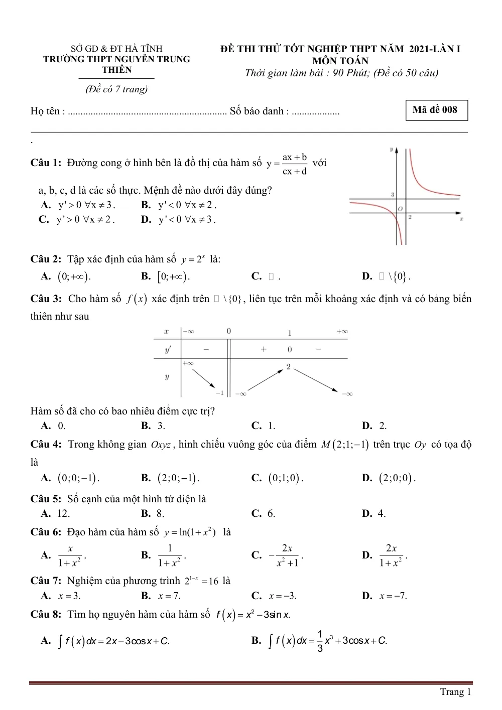 Xem trước trang 1 của "Đề Thi Thử Tốt Nghiệp THPT 2021 - Trường THPT Nguyễn Trung Thiên - Hà Tĩnh"