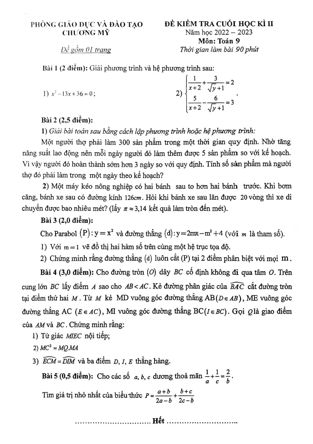 Xem trước trang 1 của "Đề cuối học kỳ 2 Toán 9 - Năm học 2022-2023 - Phòng GDĐT Chương Mỹ - Hà Nội"