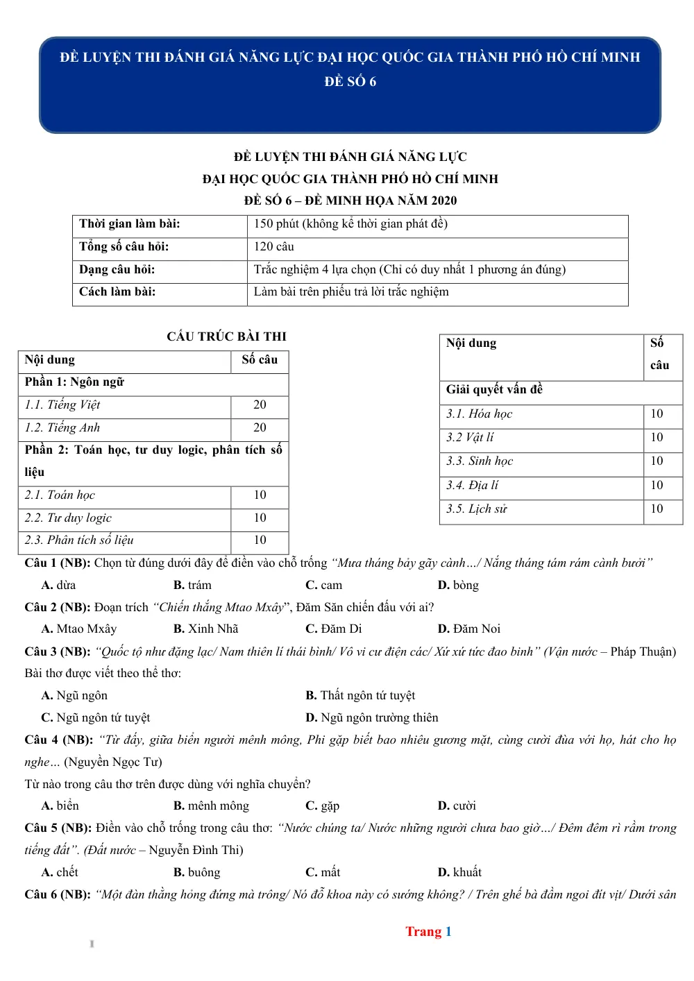 Xem trước trang 1 của "Đề Luyện Thi Đánh Giá Năng Lực Đại Học Quốc Gia TP. Hồ Chí Minh - Đề Số 6 (Minh Họa) - 2020"