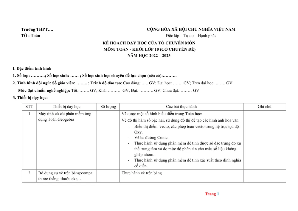 Xem trước trang 1 của "Kế Hoạch Dạy Học Môn Toán Lớp 10 (Có Chuyên Đề) - Năm Học 2022-2023"