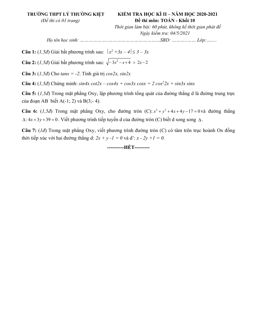 Xem trước trang 1 của "Đề thi học kỳ 2 Toán 10 - Năm học 2020-2021 - Trường THPT Lý Thường Kiệt - TP. Hồ Chí Minh"