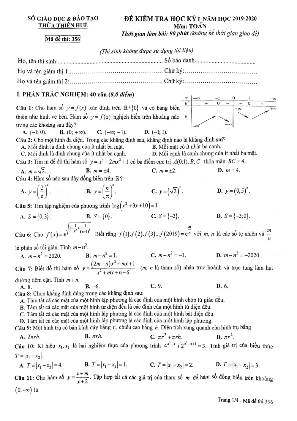 Xem trước trang 1 của "Đề Thi HK1 Toán 12 - Năm học 2019-2020 - Sở GDĐT Thừa Thiên Huế"