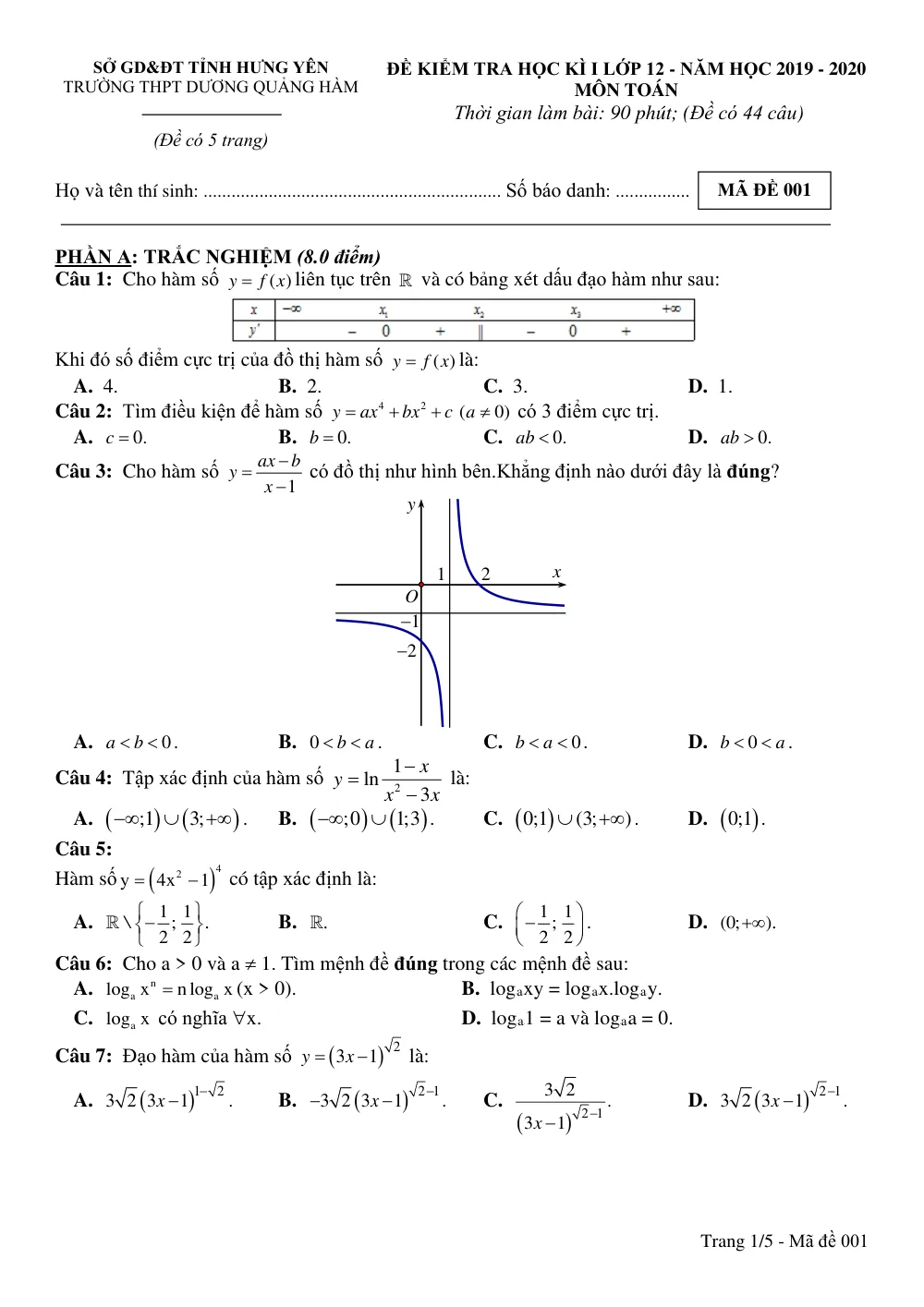Xem trước trang 1 của "Đề Kiểm Tra Học Kỳ 1 Toán 12 - Năm học 2019-2020 - Trường THPT Dương Quảng Hàm - Hưng Yên"