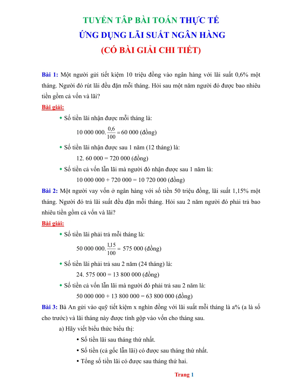 Xem trước trang 1 của "Các bài toán thực tế ứng dụng Lãi suất ngân hàng (Có bài giải chi tiết)"