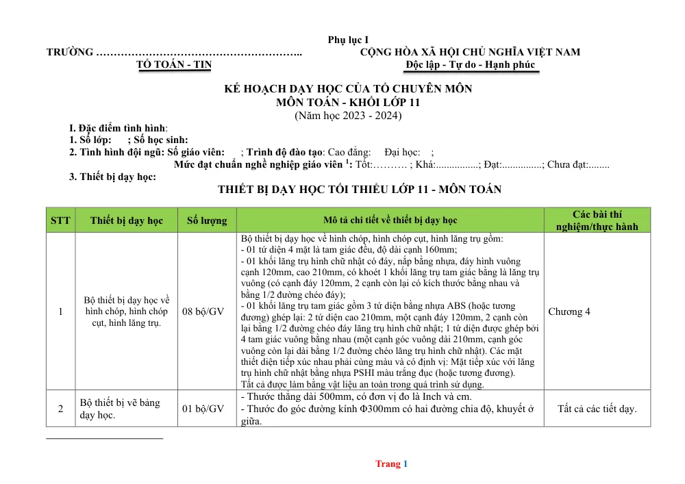 Xem trước trang 1 của "Kế hoạch dạy học Toán 11 - Năm học 2023 - 2024"