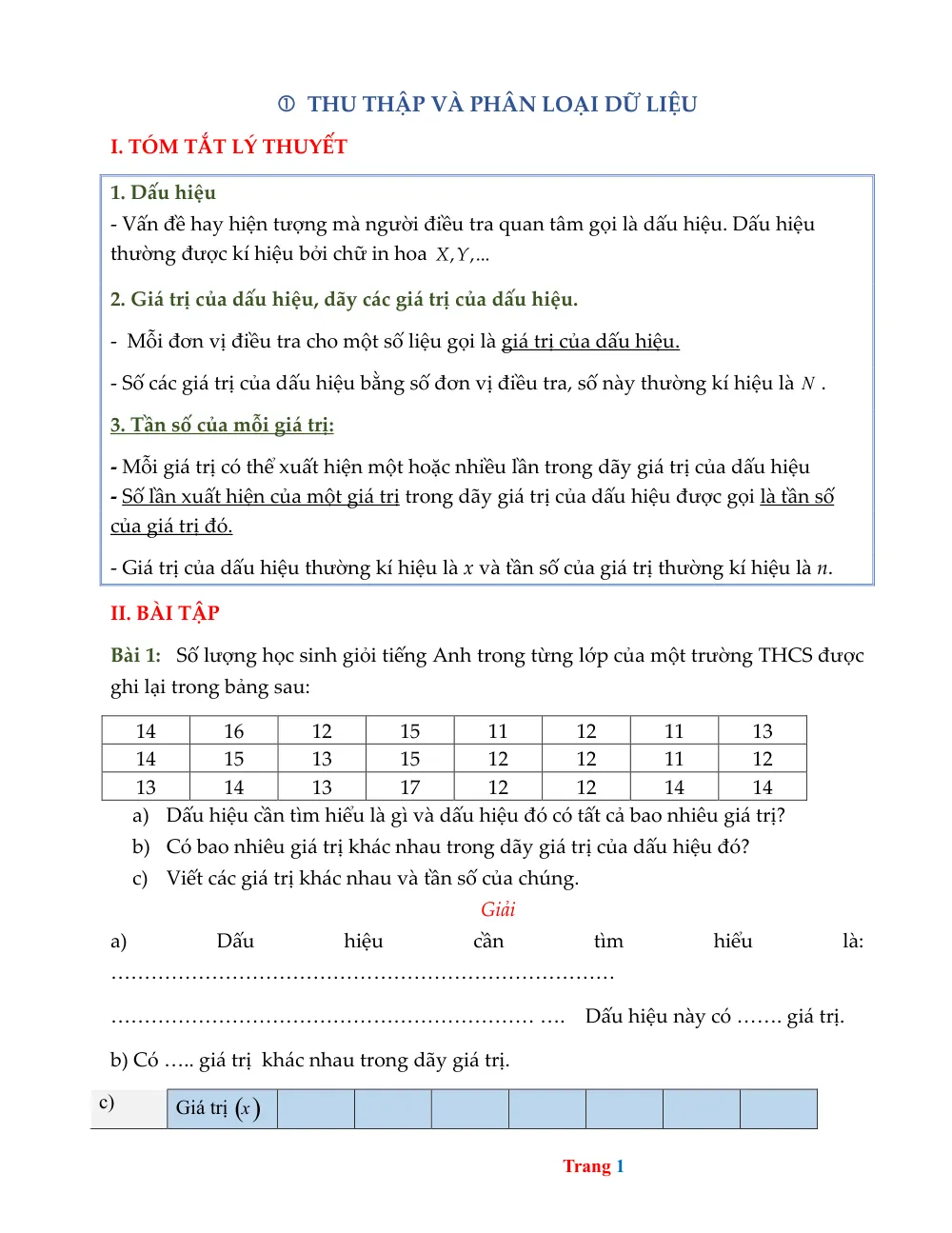 Xem trước trang 1 của "Bài tập Toán Lớp 7 - Thu thập và Phân loại Dữ liệu"