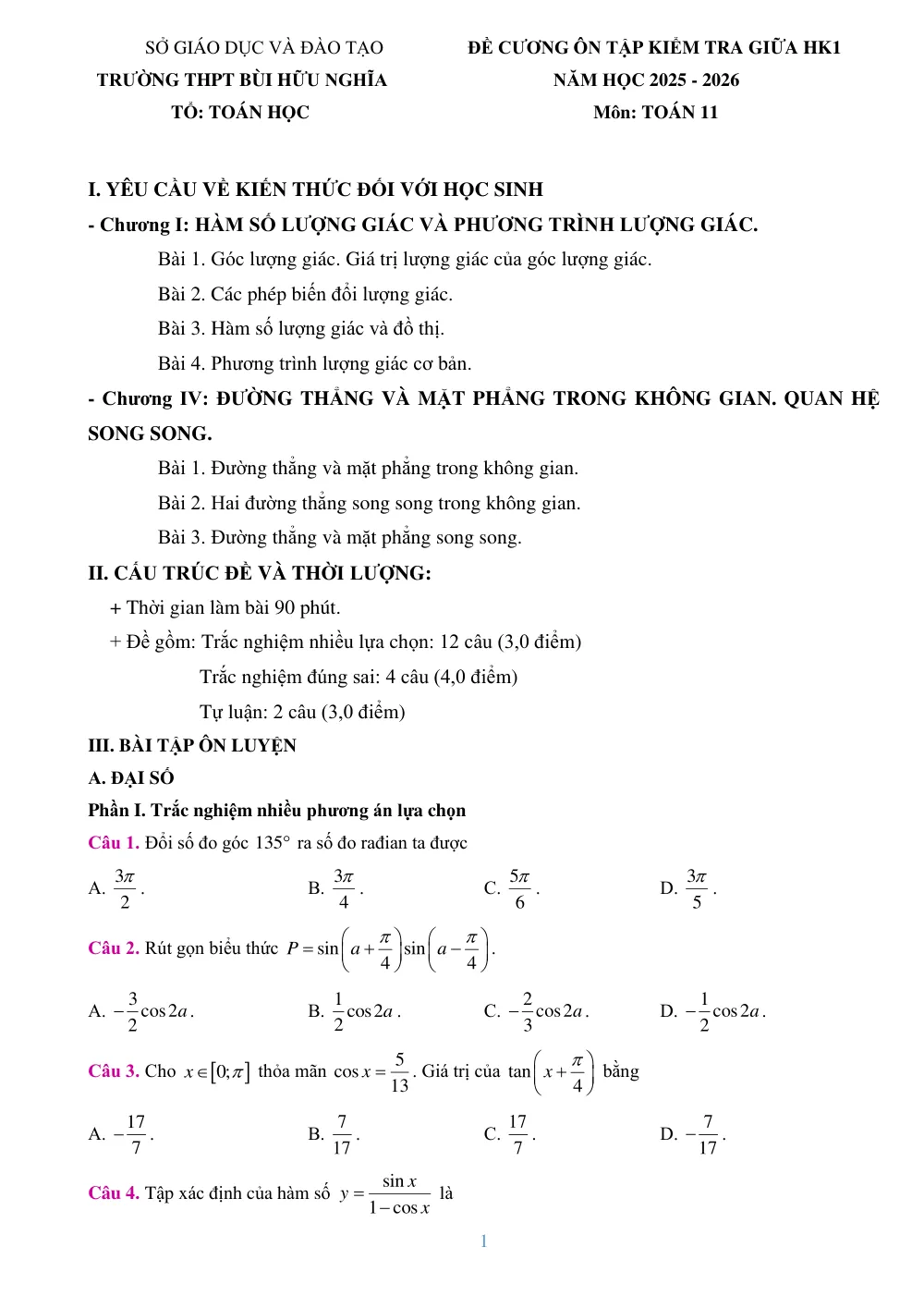 Xem trước trang 1 của "Đề cương giữa kì 1 Toán 11 năm 2025-2026 - Trường THPT Bùi Hữu Nghĩa - Cần Thơ"