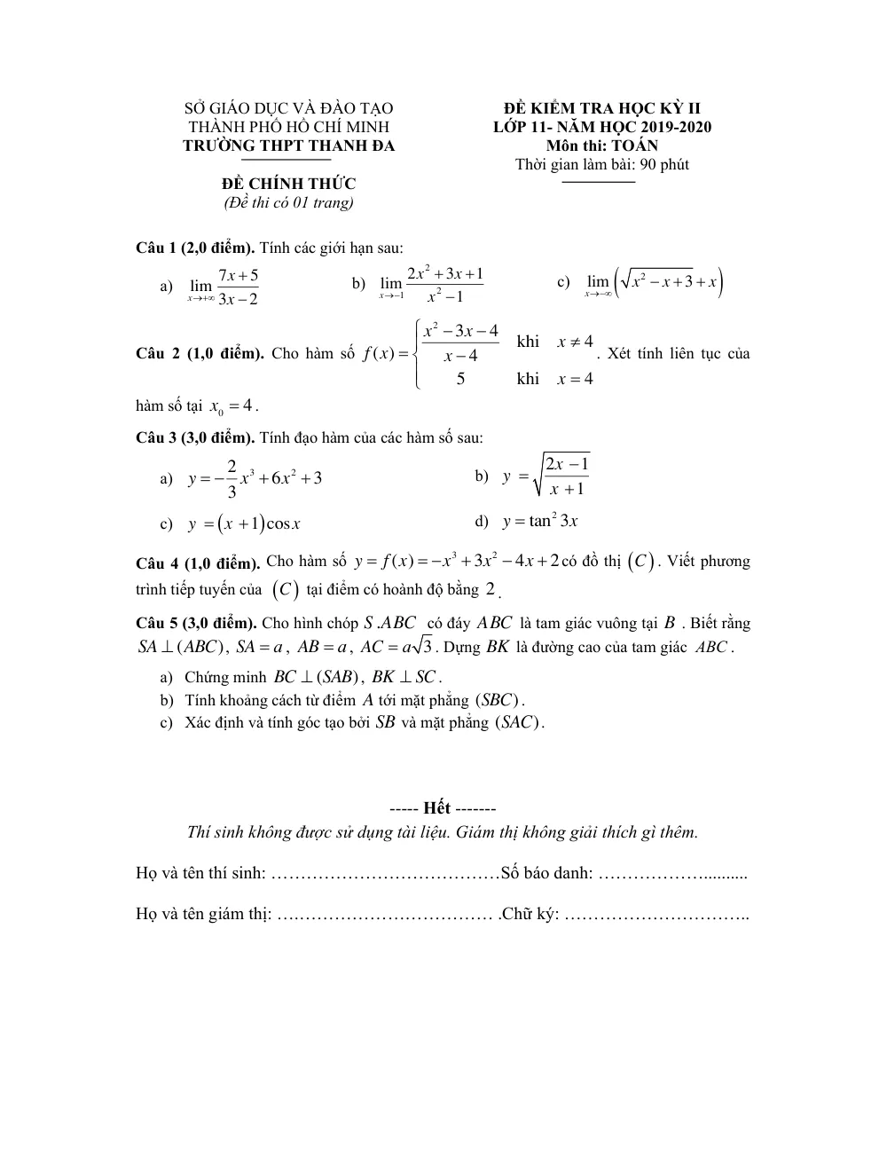 Xem trước trang 1 của "Đề Kiểm Tra Học Kỳ II Toán 11 - Năm học 2019-2020 - Trường THPT Thanh Đa - TP. Hồ Chí Minh"