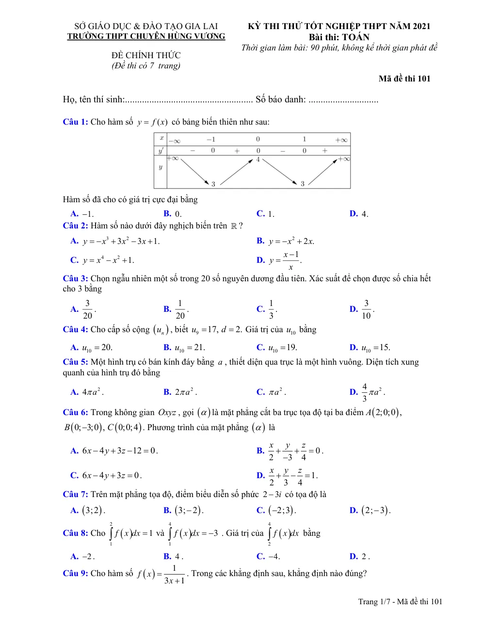 Xem trước trang 1 của "Đề thi thử Tốt nghiệp THPT 2021 - Trường THPT Chuyên Hùng Vương - Gia Lai"