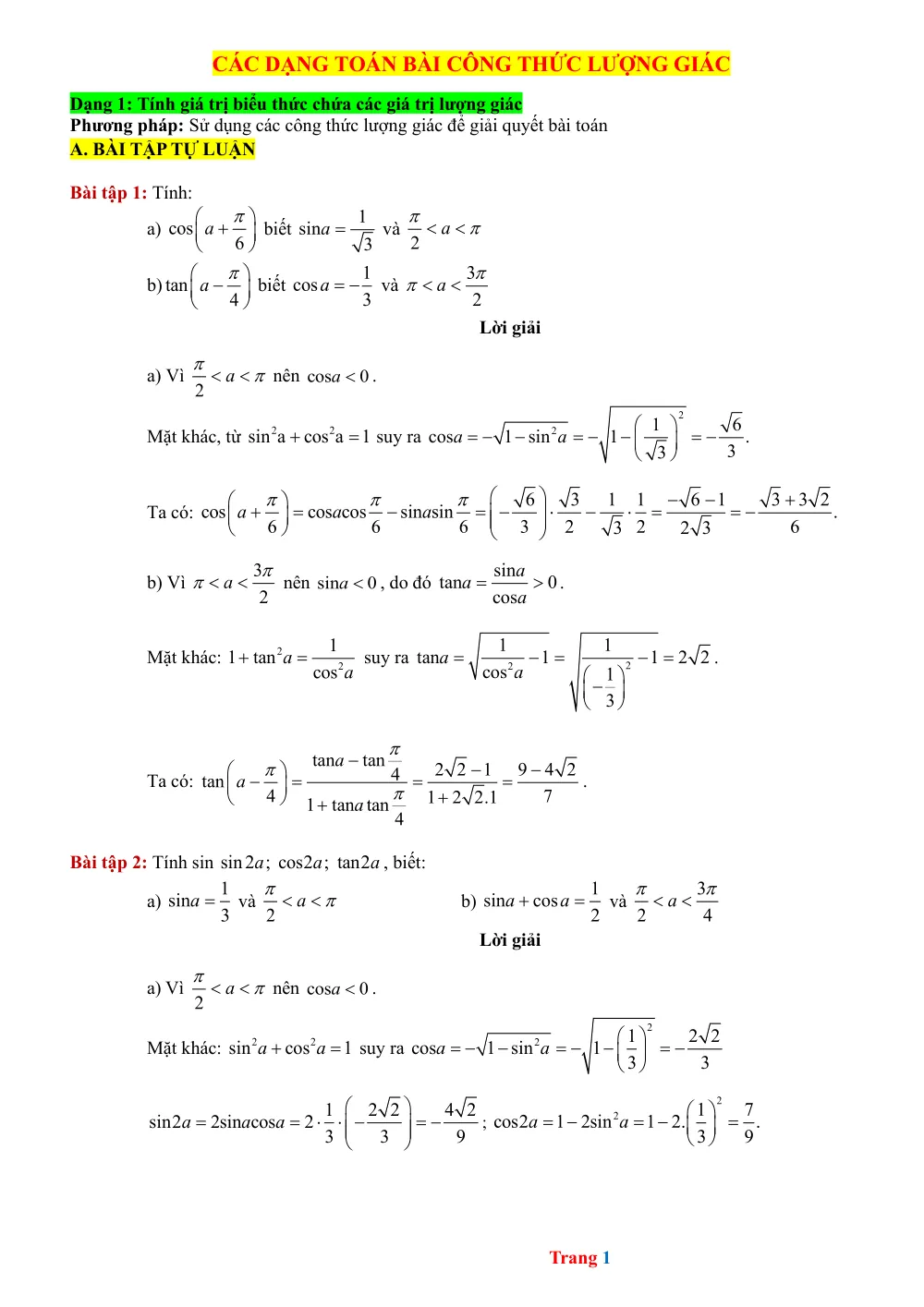 Xem trước trang 1 của "Các dạng bài tập: Công thức Lượng Giác"