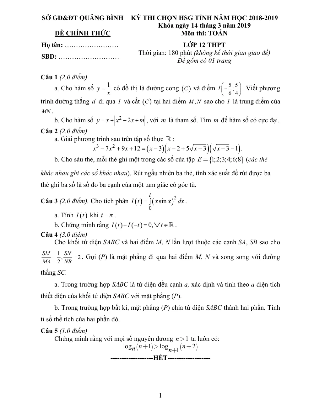 Xem trước trang 1 của "Đề thi chọn HSG Tỉnh Toán 12 - Năm học 2018-2019 - Sở GD&ĐT Quảng Bình"