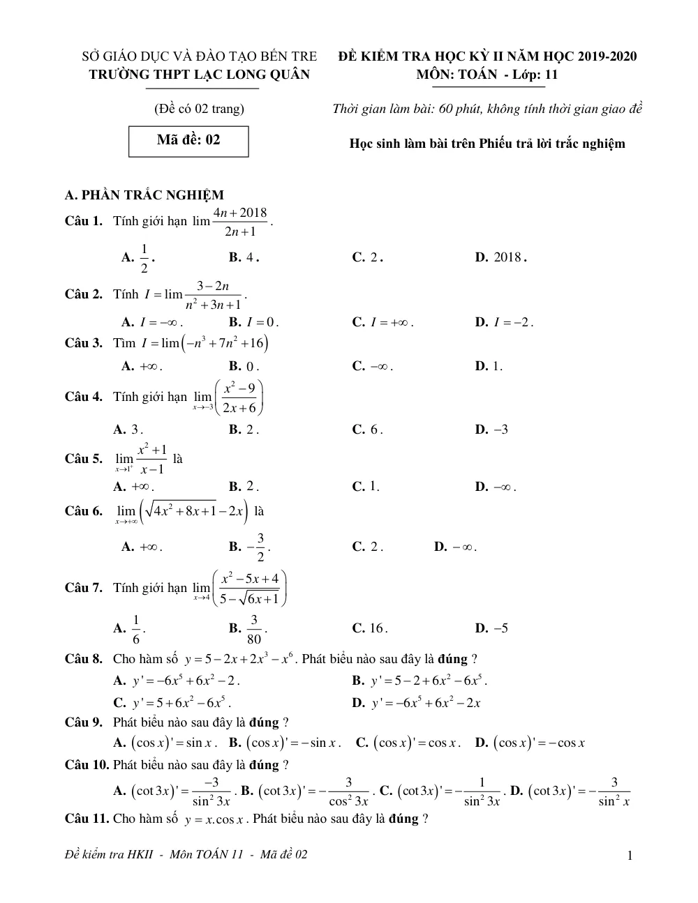 Xem trước trang 1 của "Đề Kiểm Tra Học Kỳ II - Toán 11 - Năm học 2019-2020 - Trường THPT Lạc Long Quân - Bến Tre"