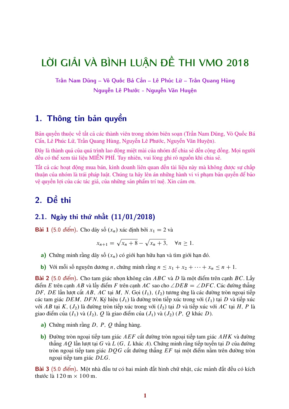 Xem trước trang 1 của "Lời giải và bình luận đề thi VMO 2018"
