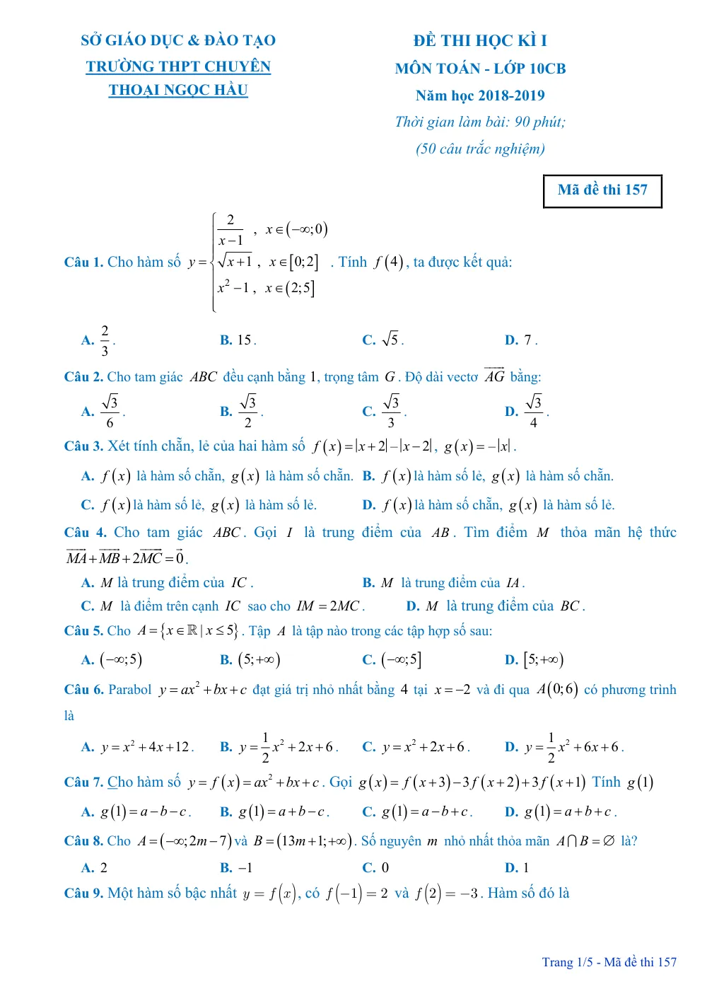 Xem trước trang 1 của "Đề thi Học kỳ 1 Toán 10 CB - Trường THPT Chuyên Thoại Ngọc Hầu, An Giang (Năm học 2018-2019)"
