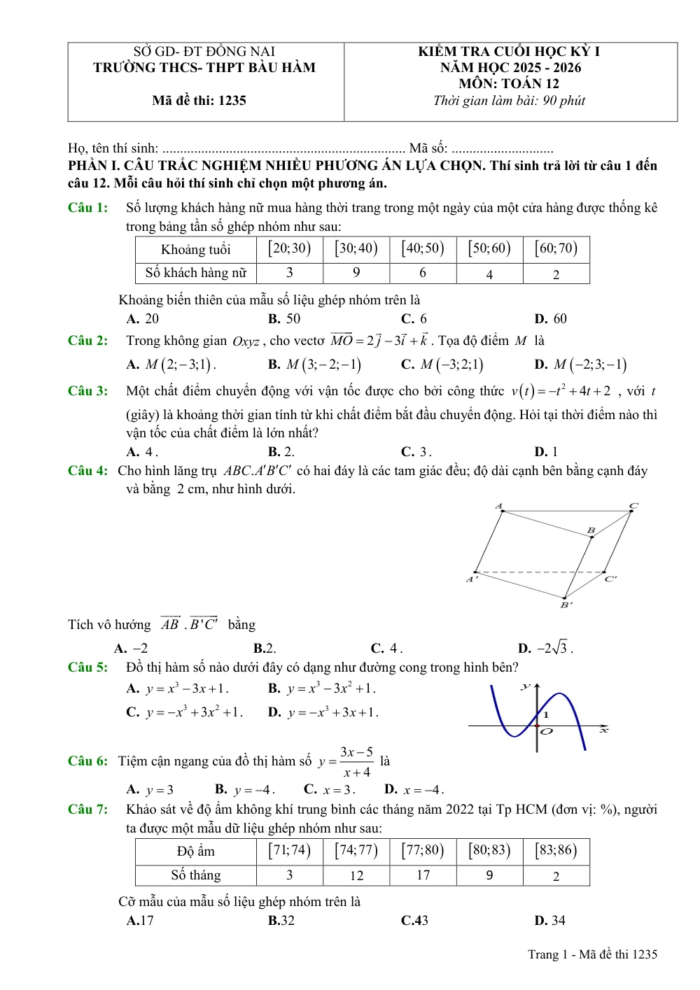Xem trước trang 1 của "Đề Cuối Kỳ 1 Toán 12 - Năm học 2025-2026 - Trường THCS-THPT Bàu Hàm - Đồng Nai"