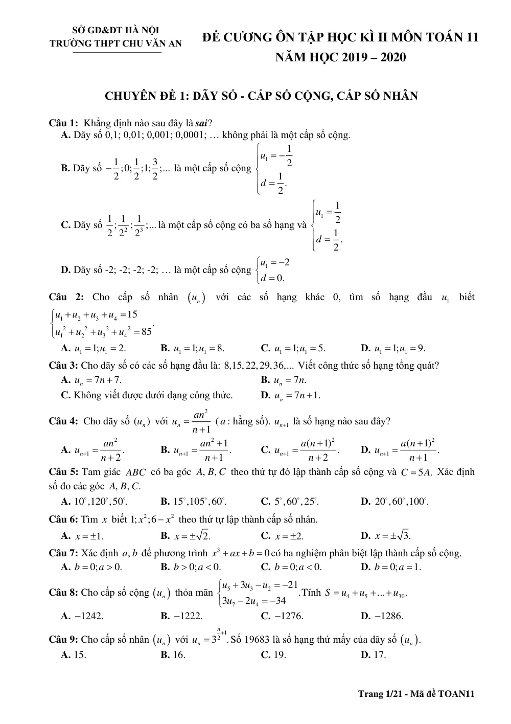 Xem trước trang 1 của "Đề Cương Ôn Tập HK2 Toán 11 - Trường THPT Chu Văn An - Hà Nội (2019-2020)"