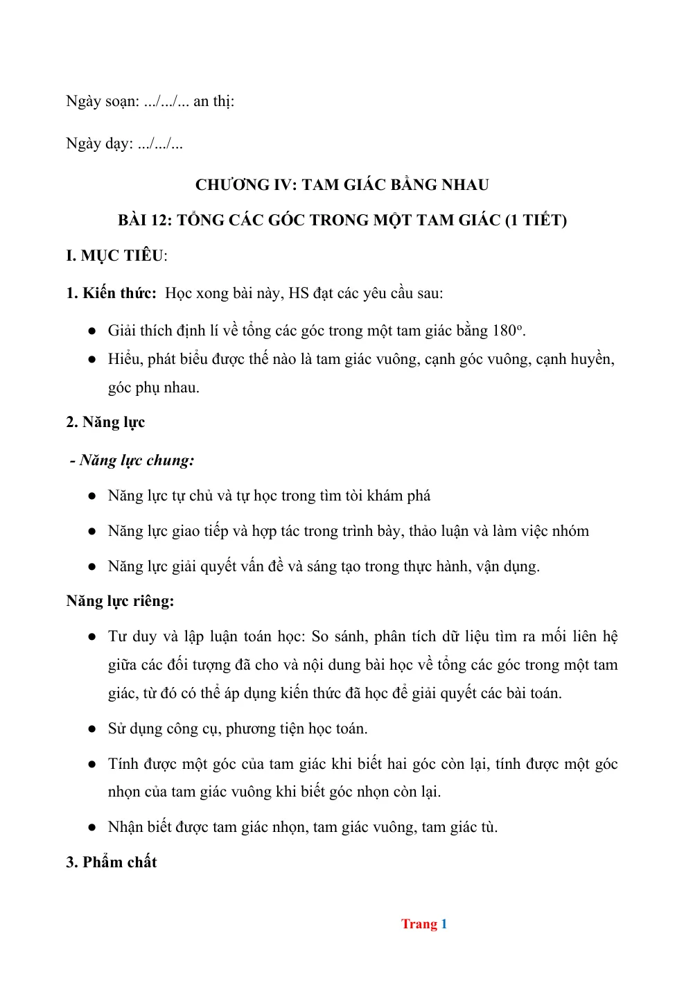Xem trước trang 1 của "Toán 7 - Học kỳ 2 - Chương IV: Tam Giác Bằng Nhau - Bài 12: Tổng Các Góc Trong Một Tam Giác (1 Tiết)"