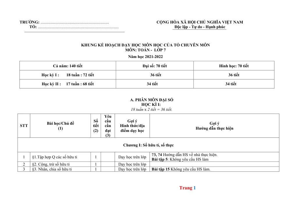 Xem trước trang 1 của "Khung Kế Hoạch Dạy Học Môn Toán Lớp 7 Năm học 2021-2022"