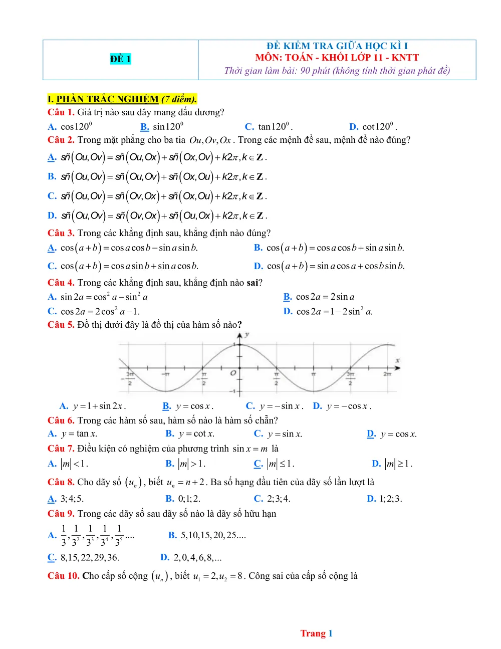 Xem trước trang 1 của "Đề kiểm tra giữa HK1 Toán 11 - KNTT"