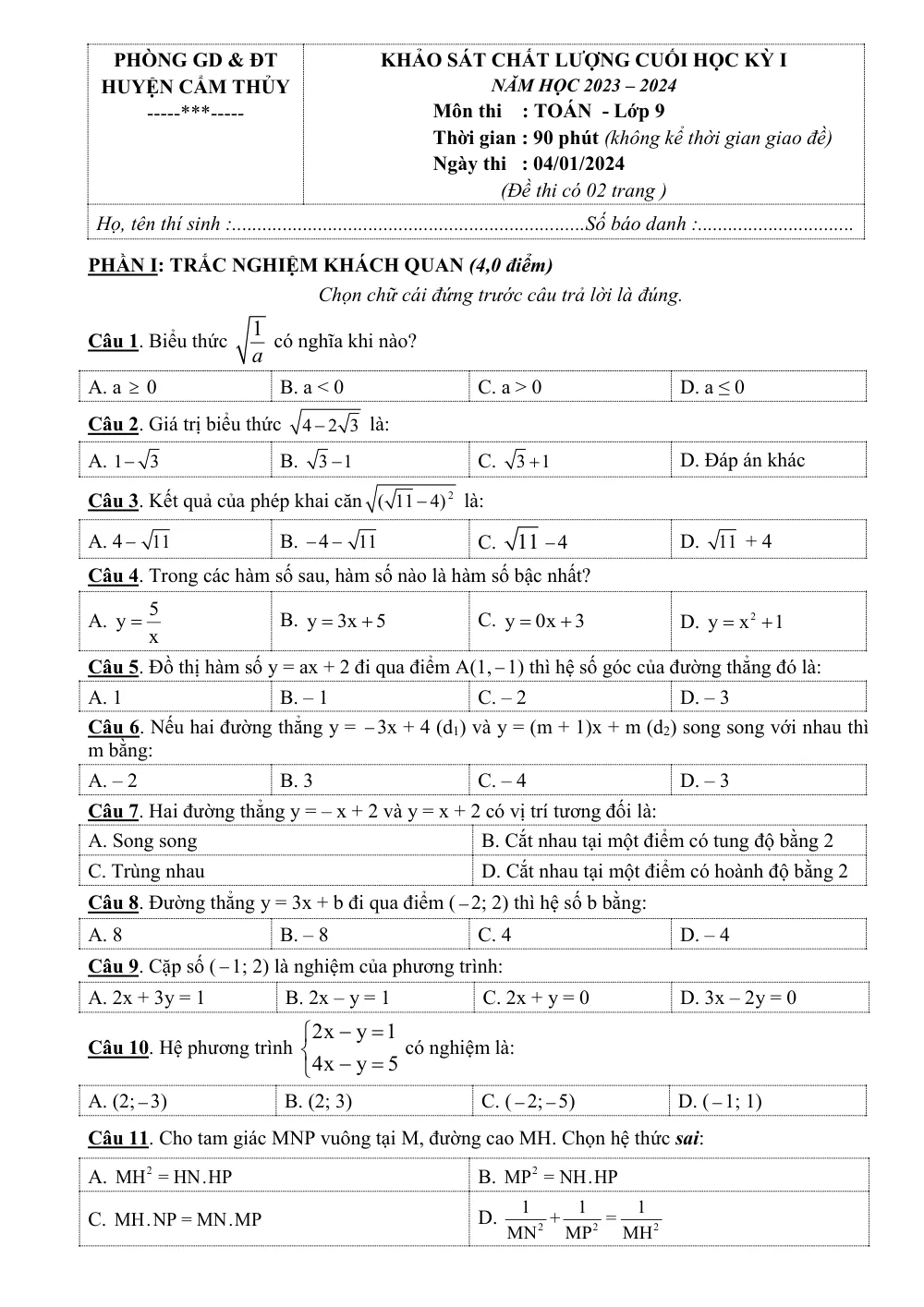 Xem trước trang 1 của "Đề cuối học kỳ 1 Toán 9 - Phòng GDĐT Cẩm Thủy - Thanh Hóa (2023-2024)"