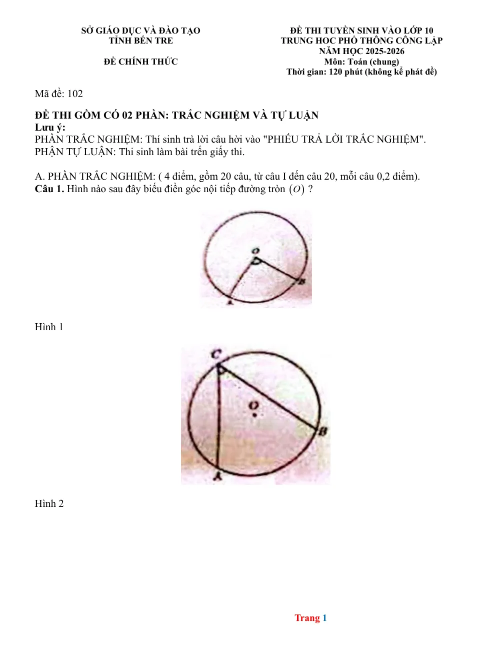 Xem trước trang 1 của "Đề thi Tuyển sinh vào lớp 10 THPT môn Toán (chung) - Tỉnh Bến Tre năm học 2025-2026"