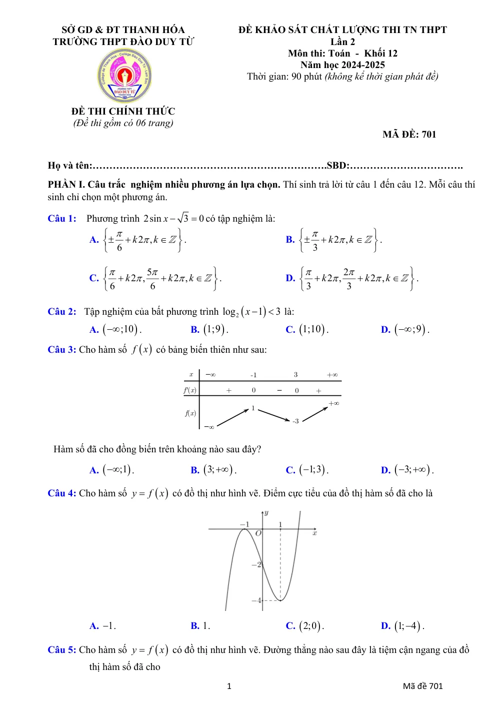 Xem trước trang 1 của "Đề Khảo Sát Chất Lượng Thi TN THPT 2025 Lần 2 - Trường THPT Đào Duy Từ - Thanh Hóa"