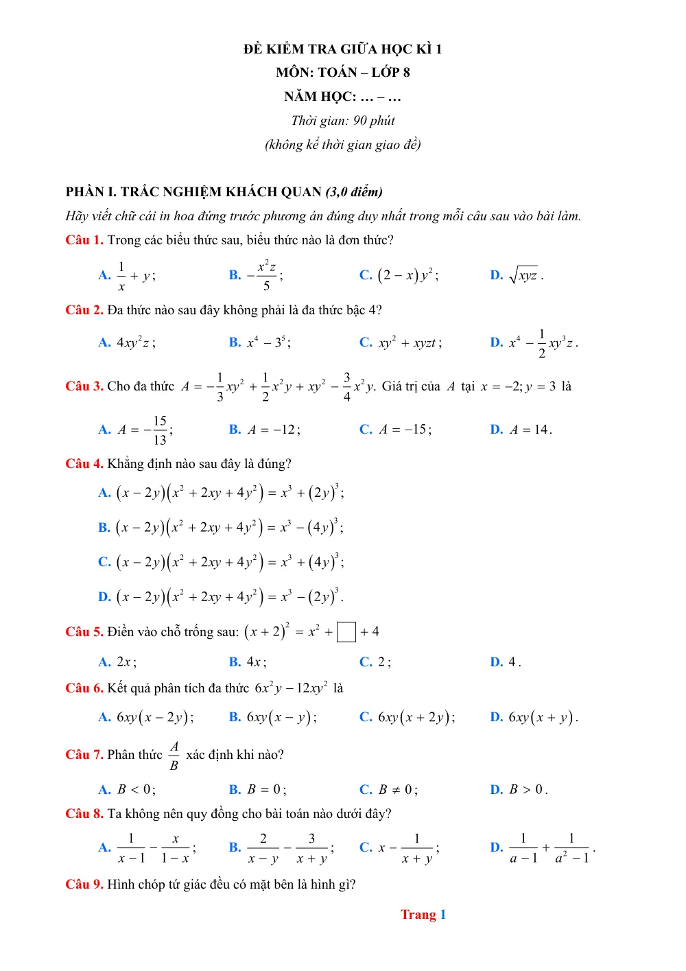 Xem trước trang 1 của "Đề Kiểm Tra Giữa Học Kỳ 1 Môn Toán Lớp 8 - Năm Học: ... - ..."