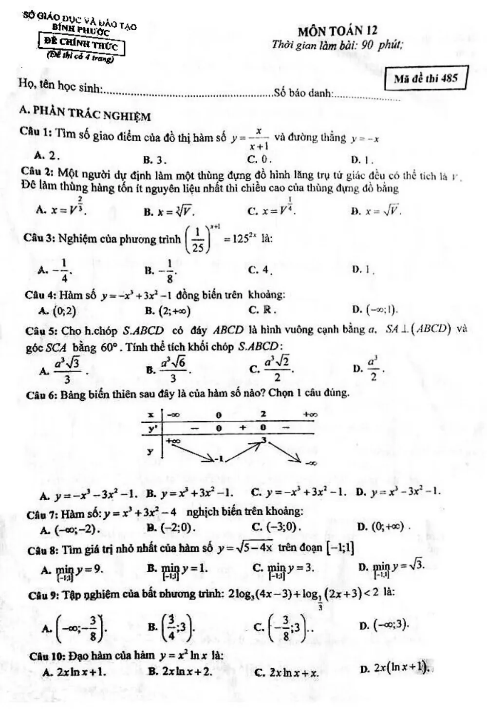 Xem trước trang 1 của "Đề thi học kỳ 1 Toán 12 - Năm học 2017-2018 - Sở GD và ĐT Bình Phước"