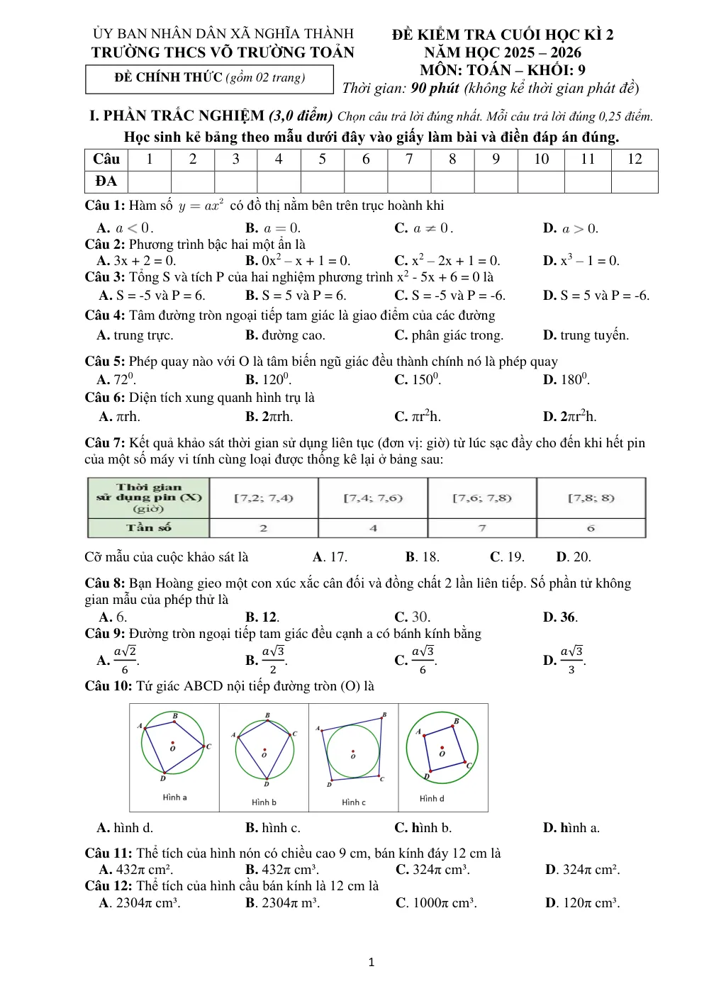 Xem trước trang 1 của "Đề kiểm tra cuối học kỳ 2 Toán 9 - Trường THCS Võ Trường Toản - Năm học 2025-2026"