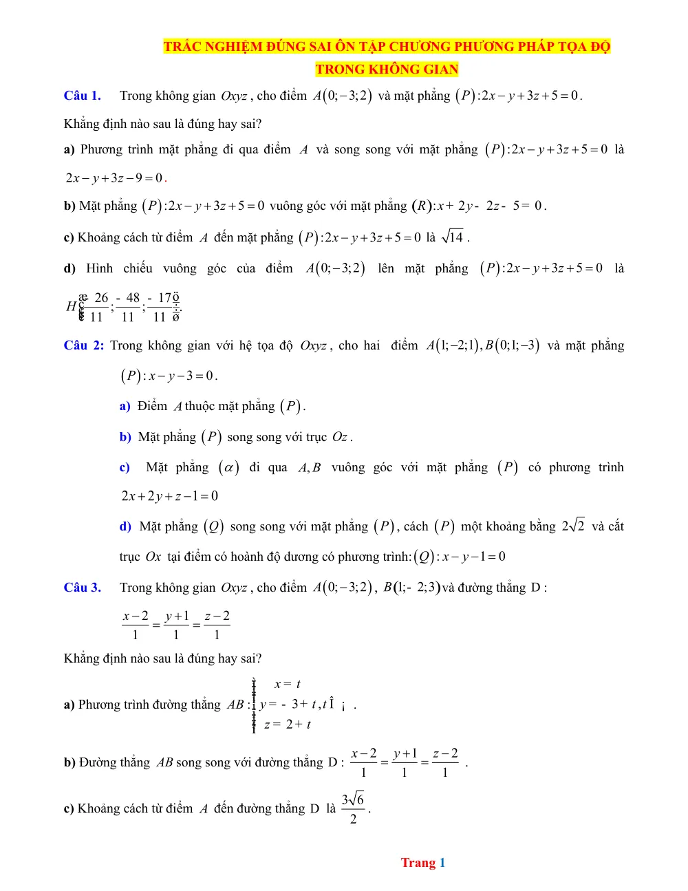 Xem trước trang 1 của "15 Câu trắc nghiệm Đúng Sai Ôn Tập Chương Phương Pháp Tọa Độ Trong Không Gian"