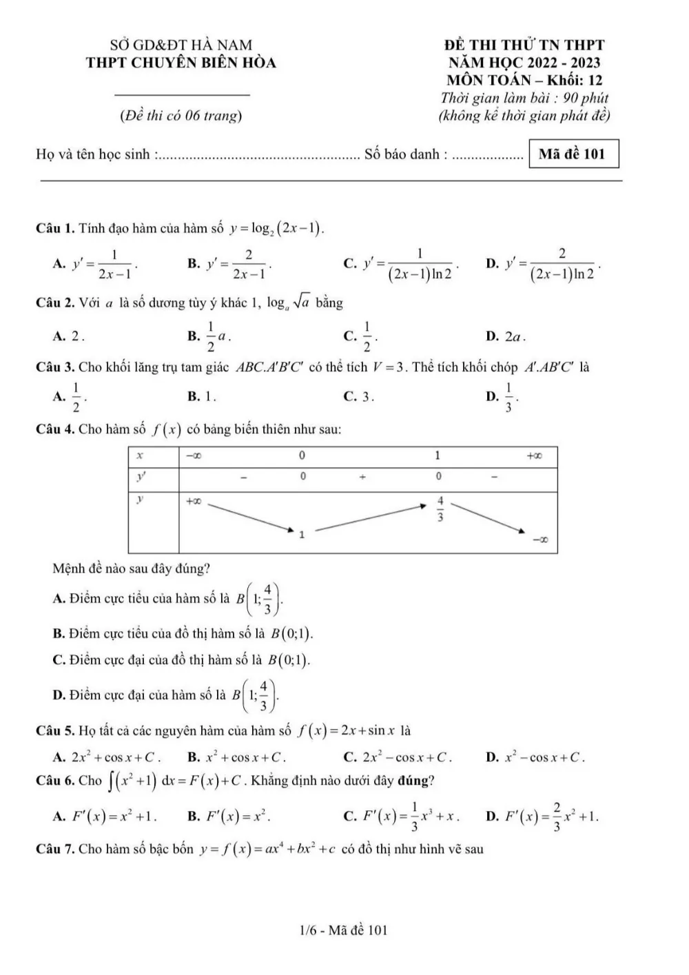 Xem trước trang 1 của "Đề Thi Thử TN THPT 2023 - Môn Toán - Trường Chuyên Biên Hòa - Hà Nam"