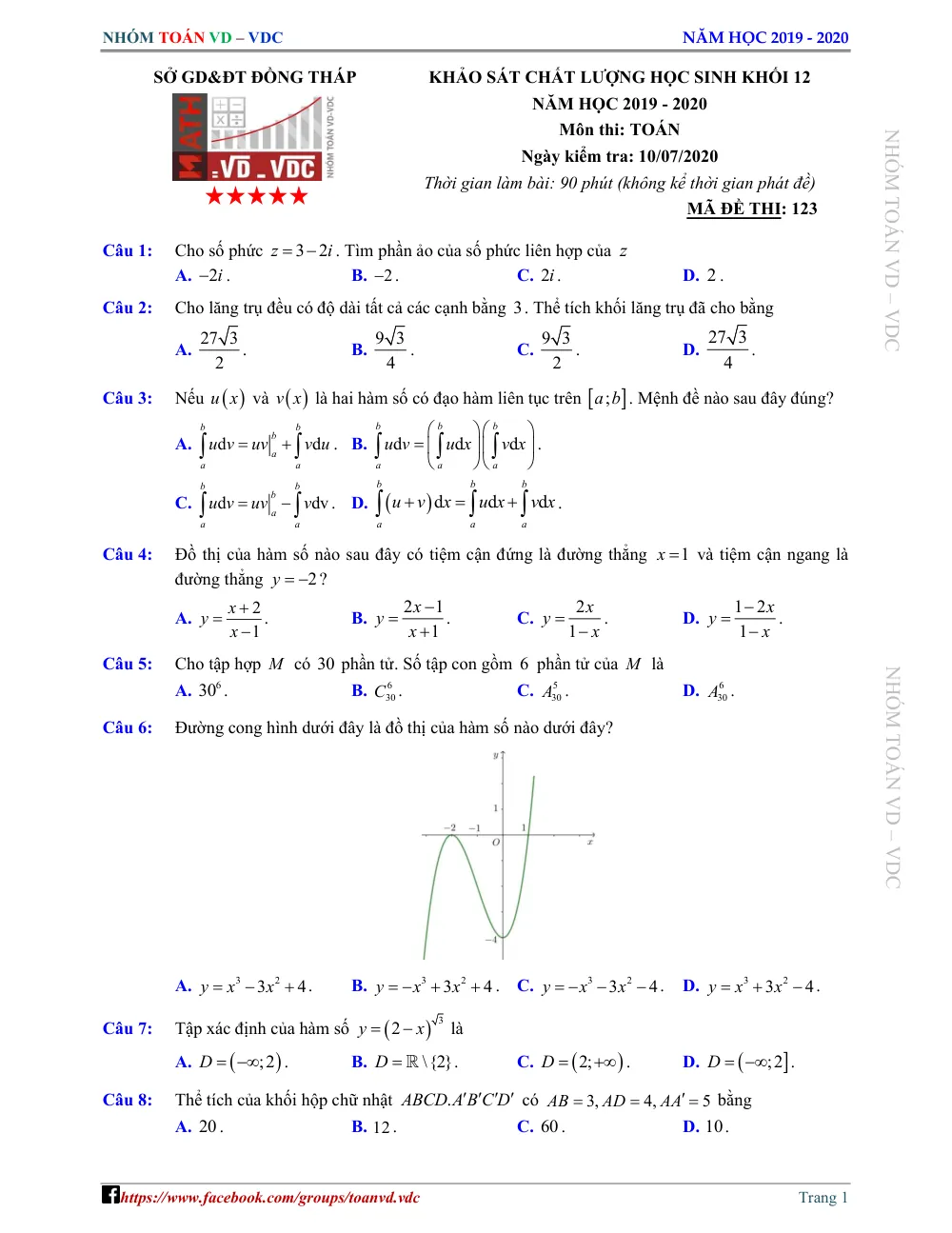 Xem trước trang 1 của "Đề Khảo Sát Chất Lượng Toán 12 Năm Học 2019-2020 - Sở GD&ĐT Đồng Tháp"