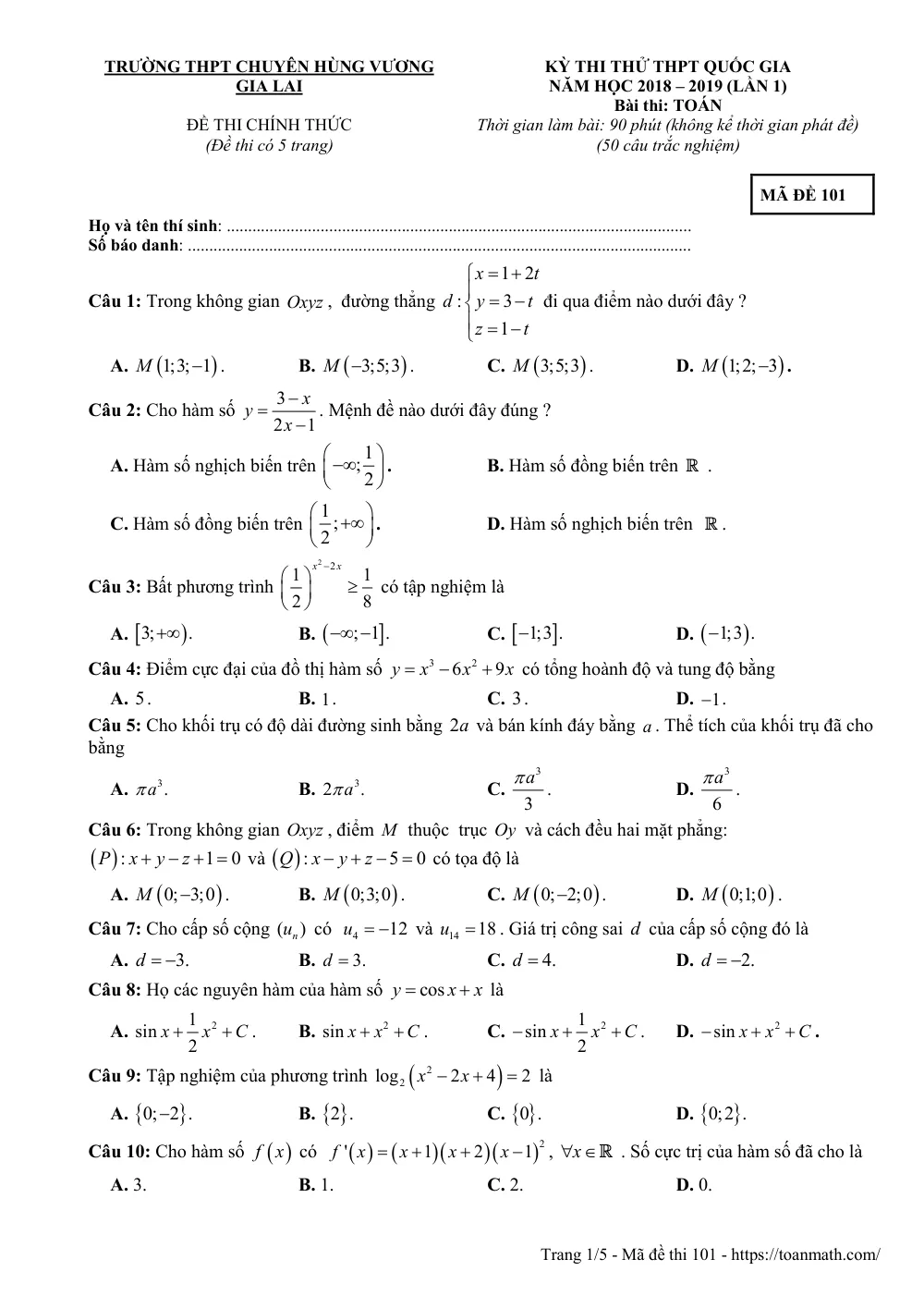 Xem trước trang 1 của "Đề Thi Thử Toán THPT Quốc Gia 2019 Lần 1 - Trường Chuyên Hùng Vương - Gia Lai"