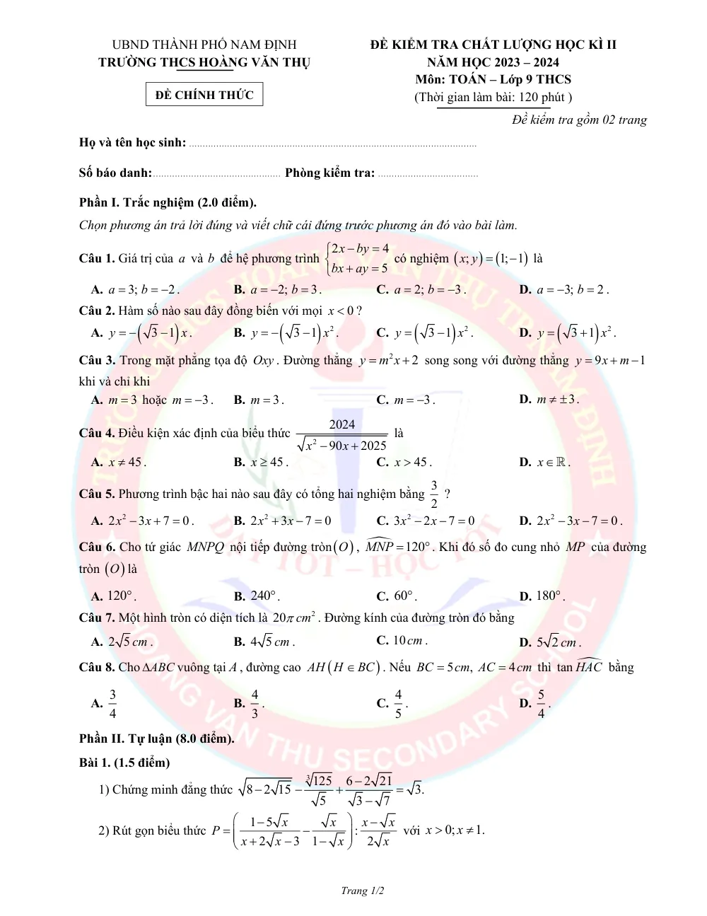 Xem trước trang 1 của "Đề kiểm tra chất lượng học kì II Toán 9 - Trường THCS Hoàng Văn Thụ - Năm học 2023-2024 - Nam Định"