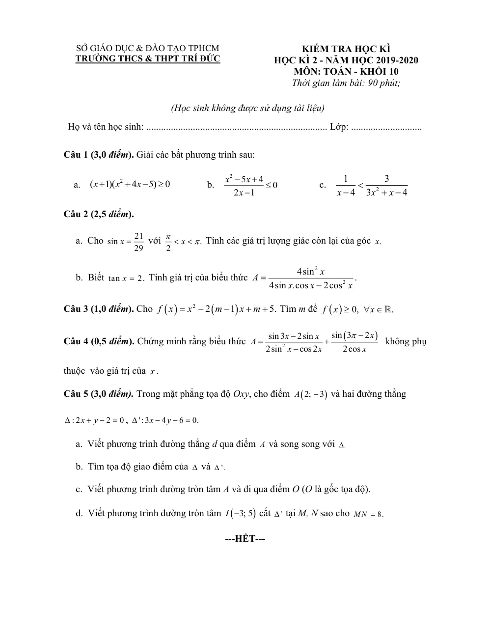 Xem trước trang 1 của "Đề Thi Học Kỳ 2 Toán 10 - Trường THCS & THPT Trí Đức - TP. Hồ Chí Minh (2019-2020)"