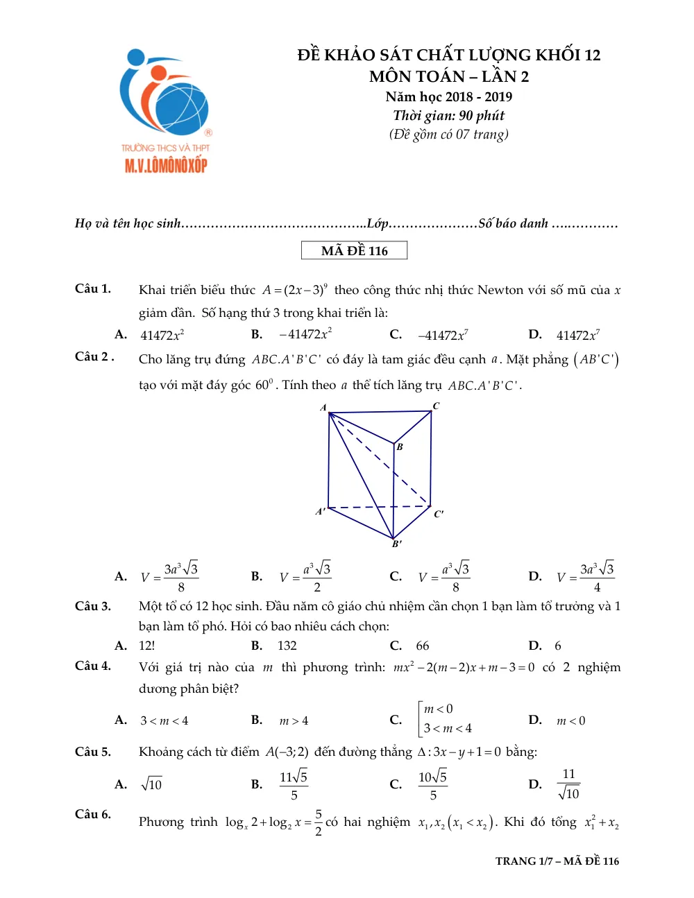 Xem trước trang 1 của "Đề Khảo Sát Chất Lượng Toán 12 - Lần 2 Năm học 2018-2019 - Trường Lomonoxop - Hà Nội"