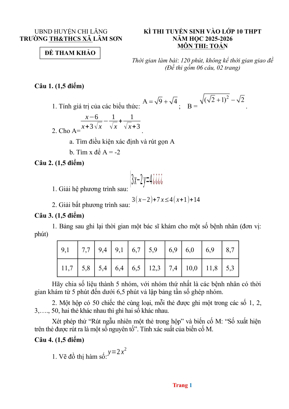 Xem trước trang 1 của "Tuyển sinh vào lớp 10 THPT môn Toán - Trường TH&THCS Xã Lâm Sơn, Chi Lăng (2025-2026)"
